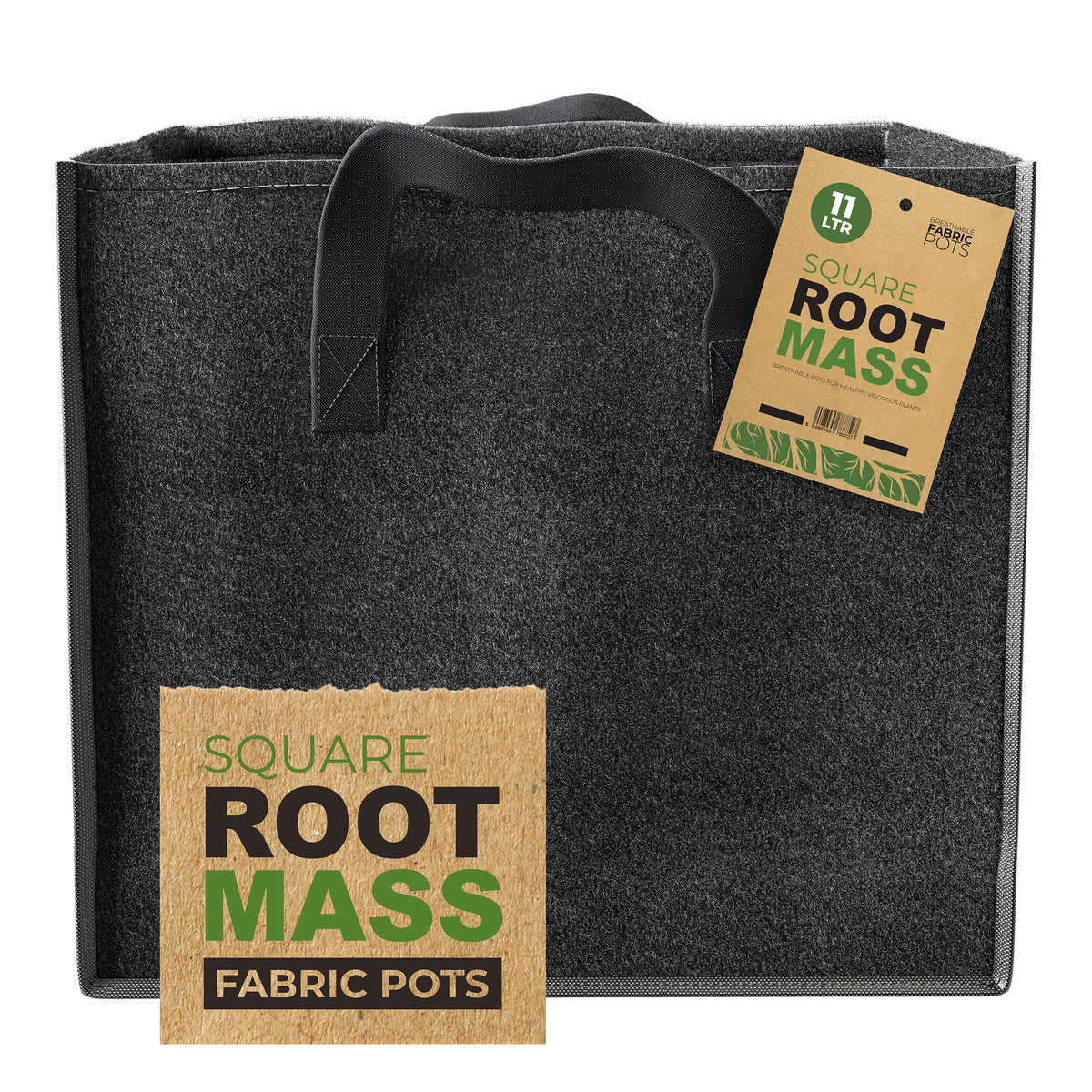 RootMASS Square Fabric Pot 11L - Breathable Air Pruning Plant Pot with Handles