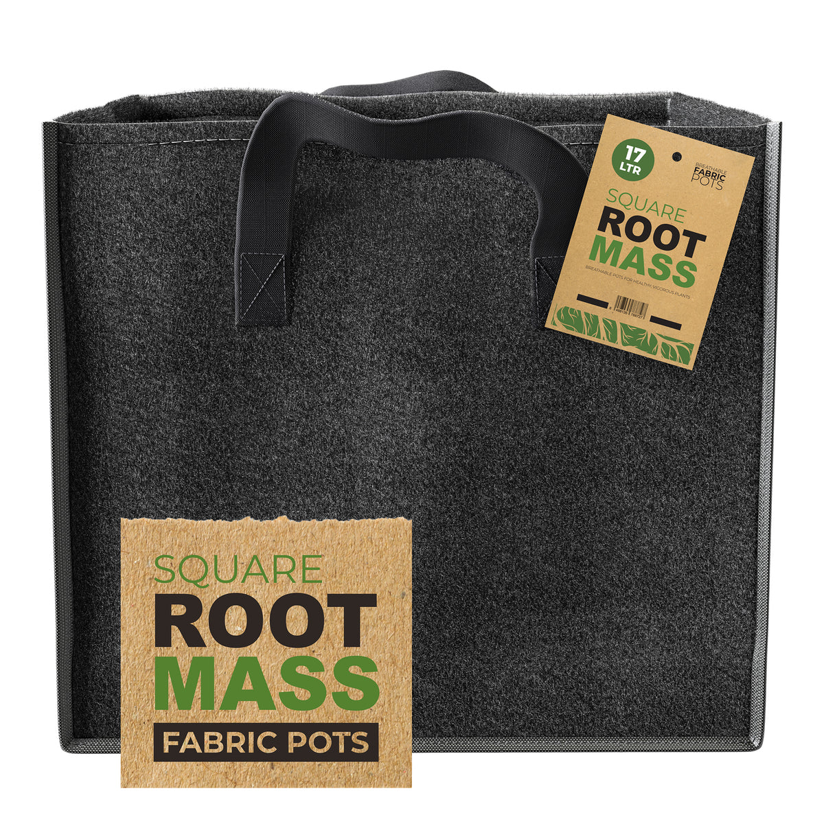 RootMASS Square Fabric Pot 17L - Breathable Air Pruning Plant Pot with Handles
